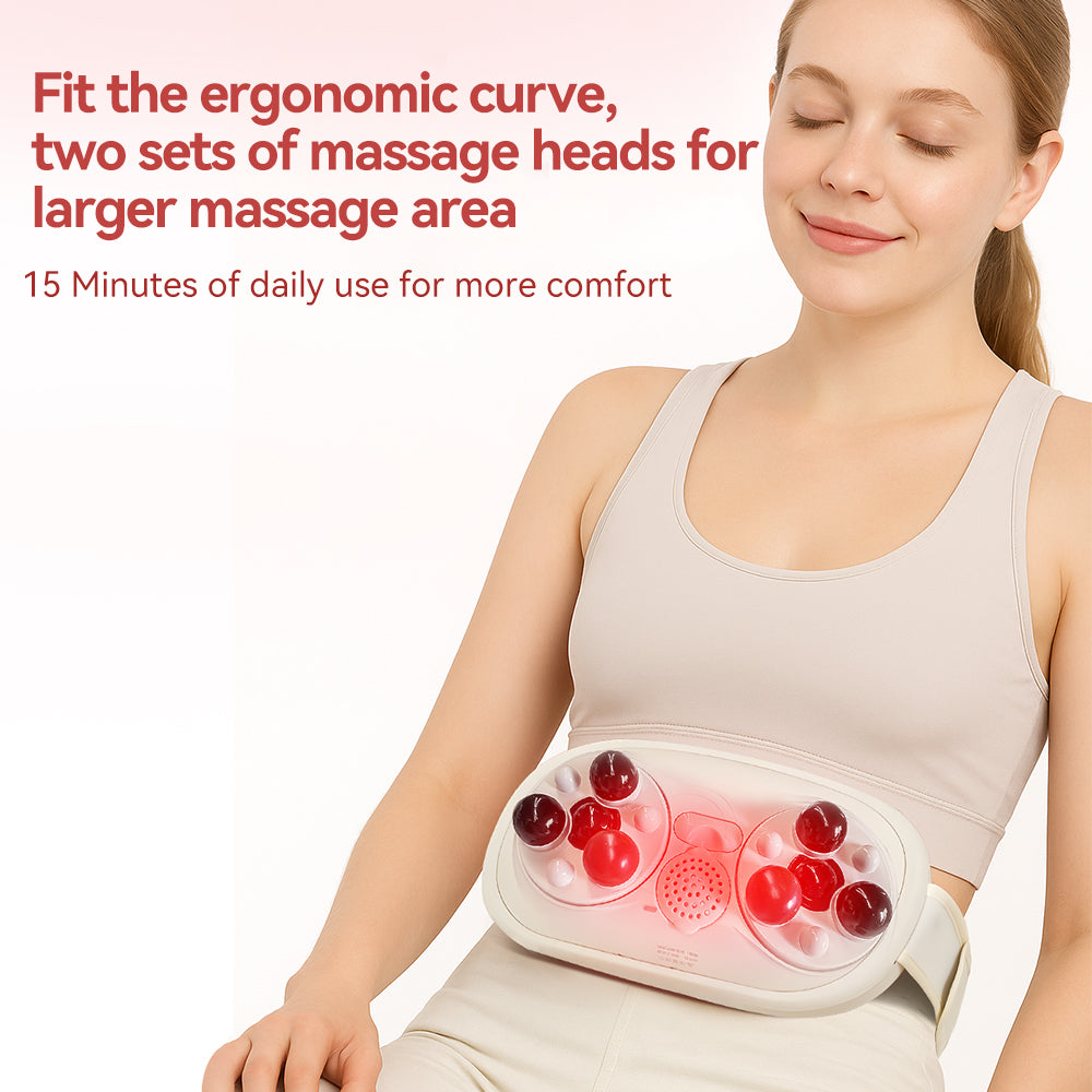 Woman wearing a waist massager with text highlighting its ergonomic design and massage features.