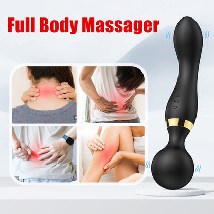 Black full body massager with images of people experiencing pain and using the massager.