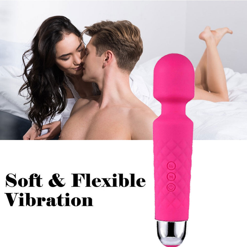 Pink silicone wand with text 'Soft & Flexible Vibration' on a background of a couple embracing.