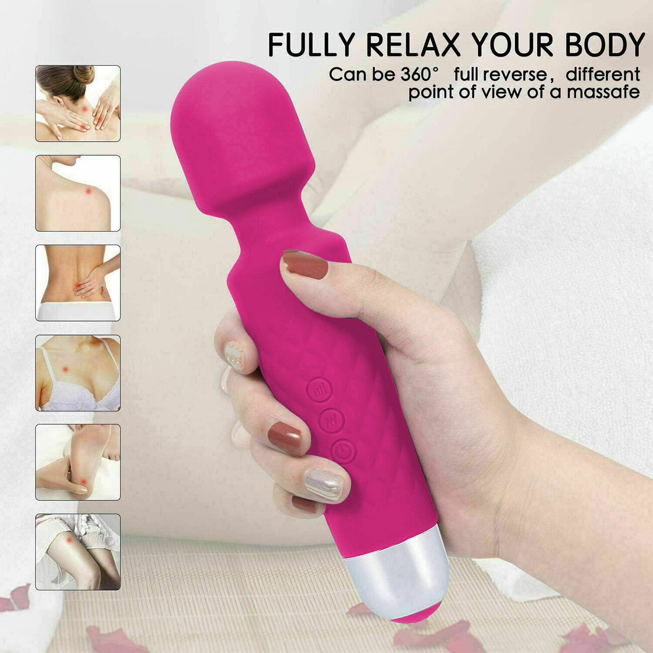 Pink handheld massager being held by a hand with text describing its features.