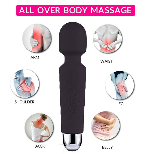 Black handheld massager with images indicating its use on various body parts.