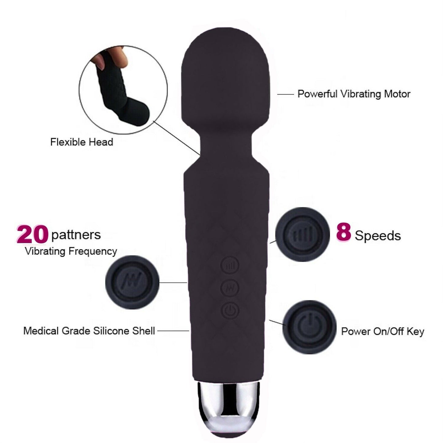 Black handheld vibrator with features labeled on a white background