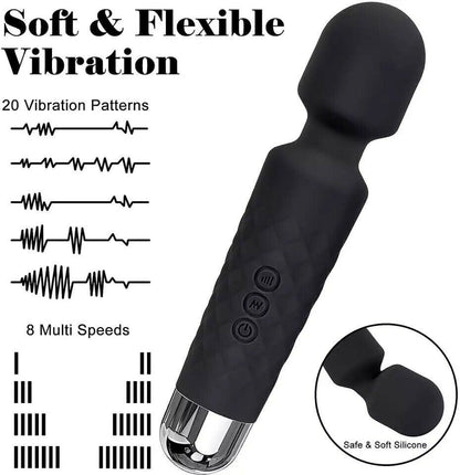Black silicone vibration wand with control buttons and text about vibration patterns and speeds on a white background.