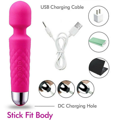 Pink stick-shaped device with USB charging cable and DC charging hole on a white background