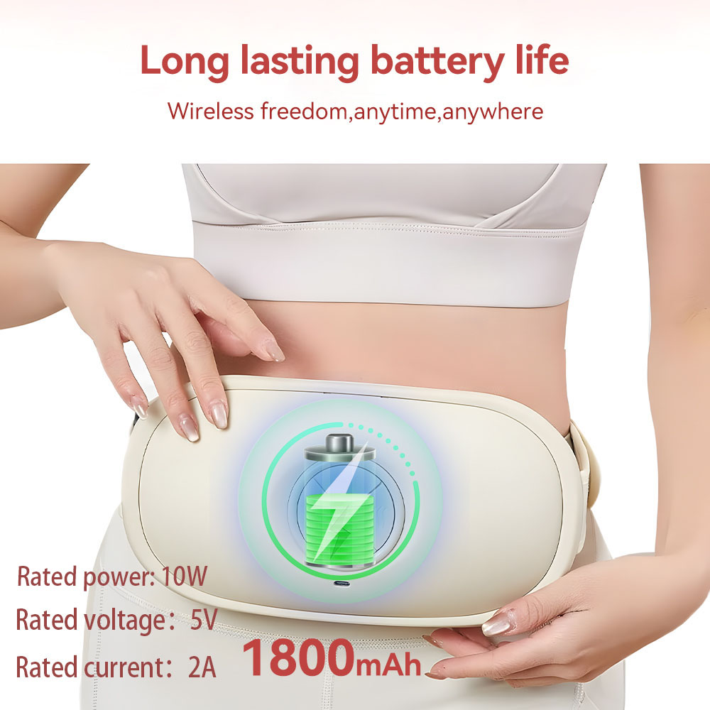 Person wearing a white electronic device on their waist with battery life information displayed.